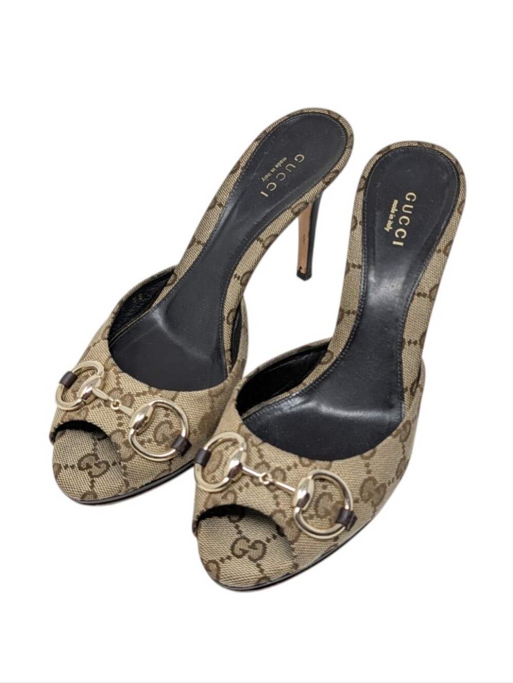 Gucci Erin Monogram Horsebit Peep Toe Dress Up Mule Sandal Size EU 38